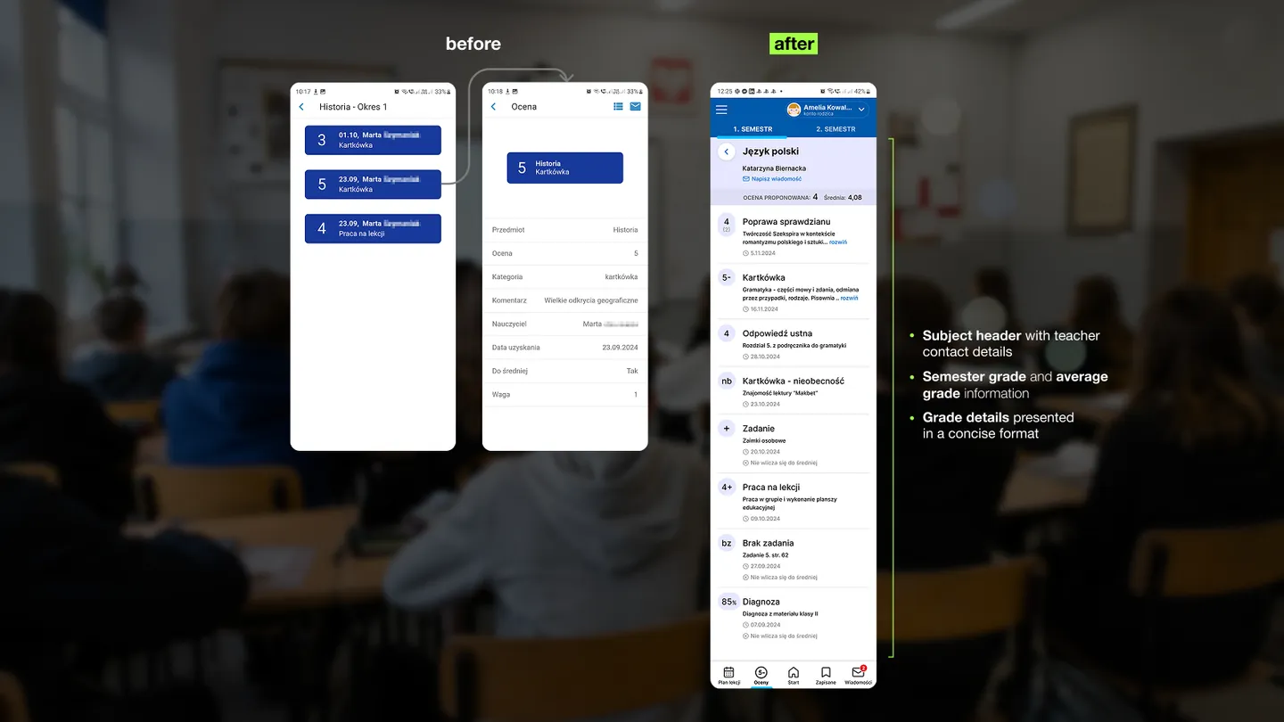 Librus start view redesign – before and after comparison, part 2