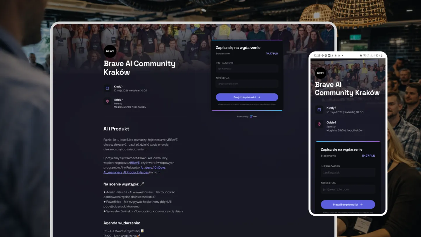 Sway event registration page shown on desktop and mobile – the product built during the vibecoding sprint
