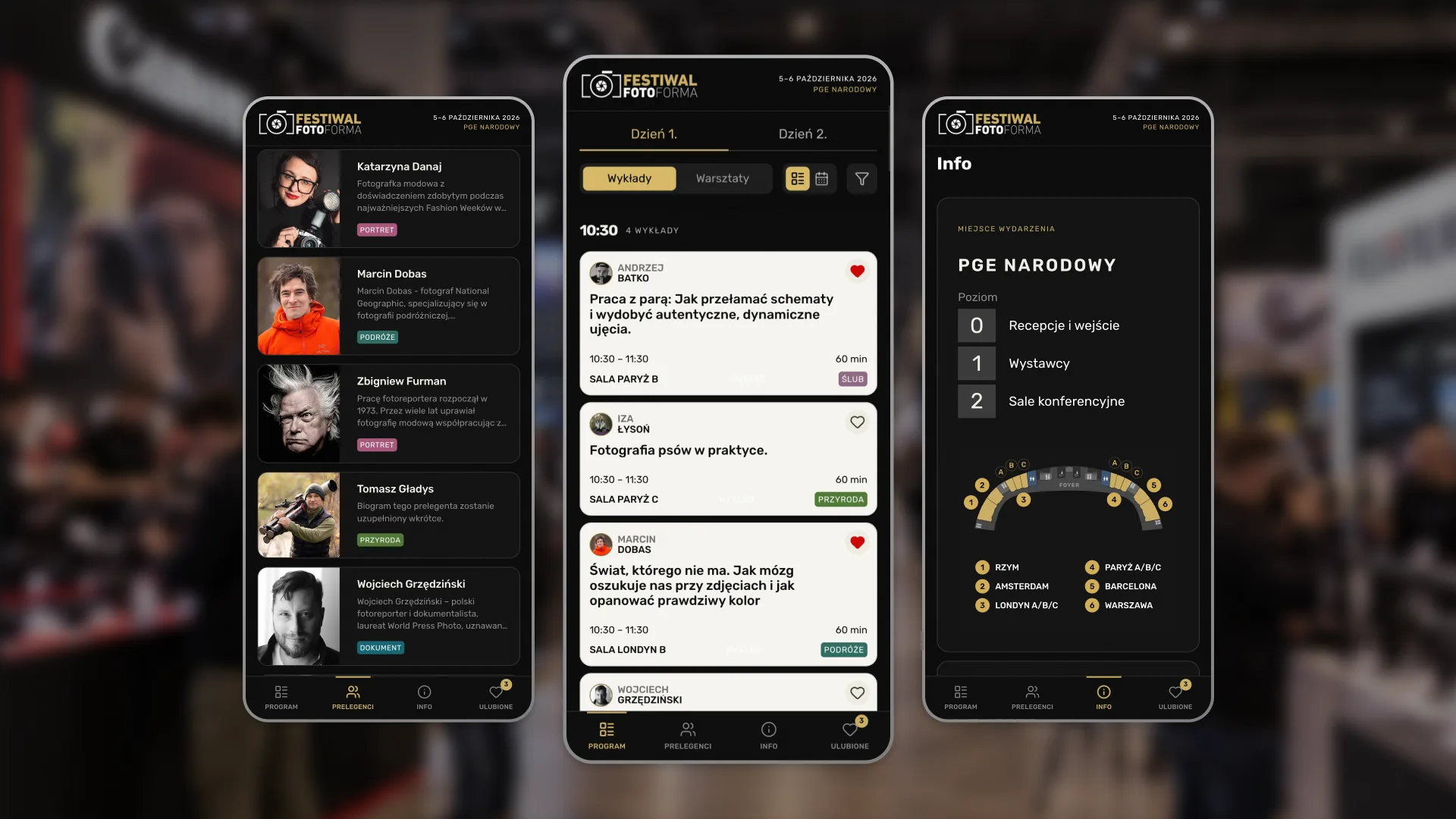 Fotoforma Festival app screens showing speakers, the schedule and venue information