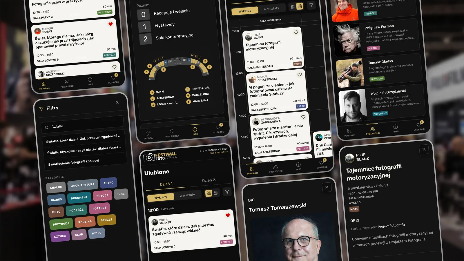 Collage of Fotoforma app screens showing the schedule, favourites, speaker profiles and venue map